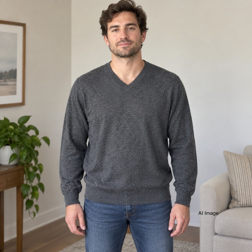 100% Cashmere V Neck Sweater Mens Medium Jos A Bank Grey Comfort